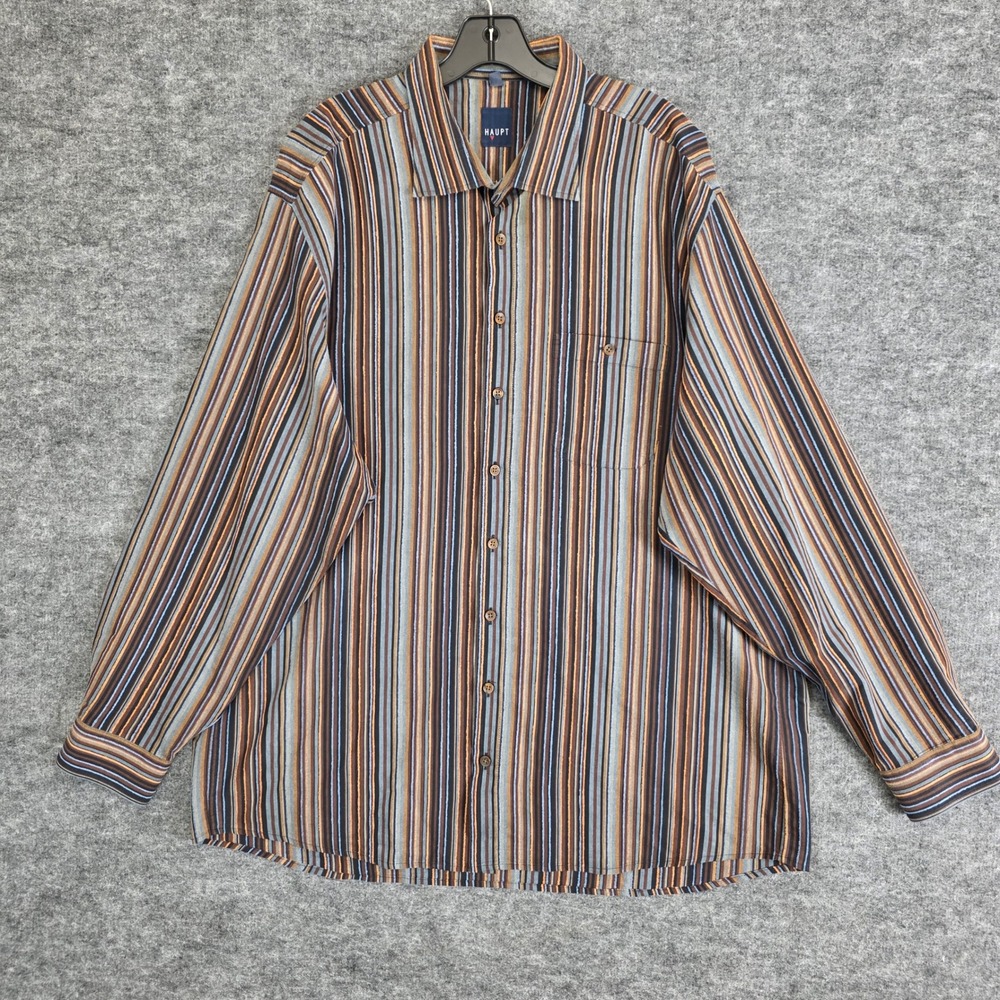 Haupt Shirt Mens XXL Brown Striped Long Sleeve‎ Textured Button Down Casual